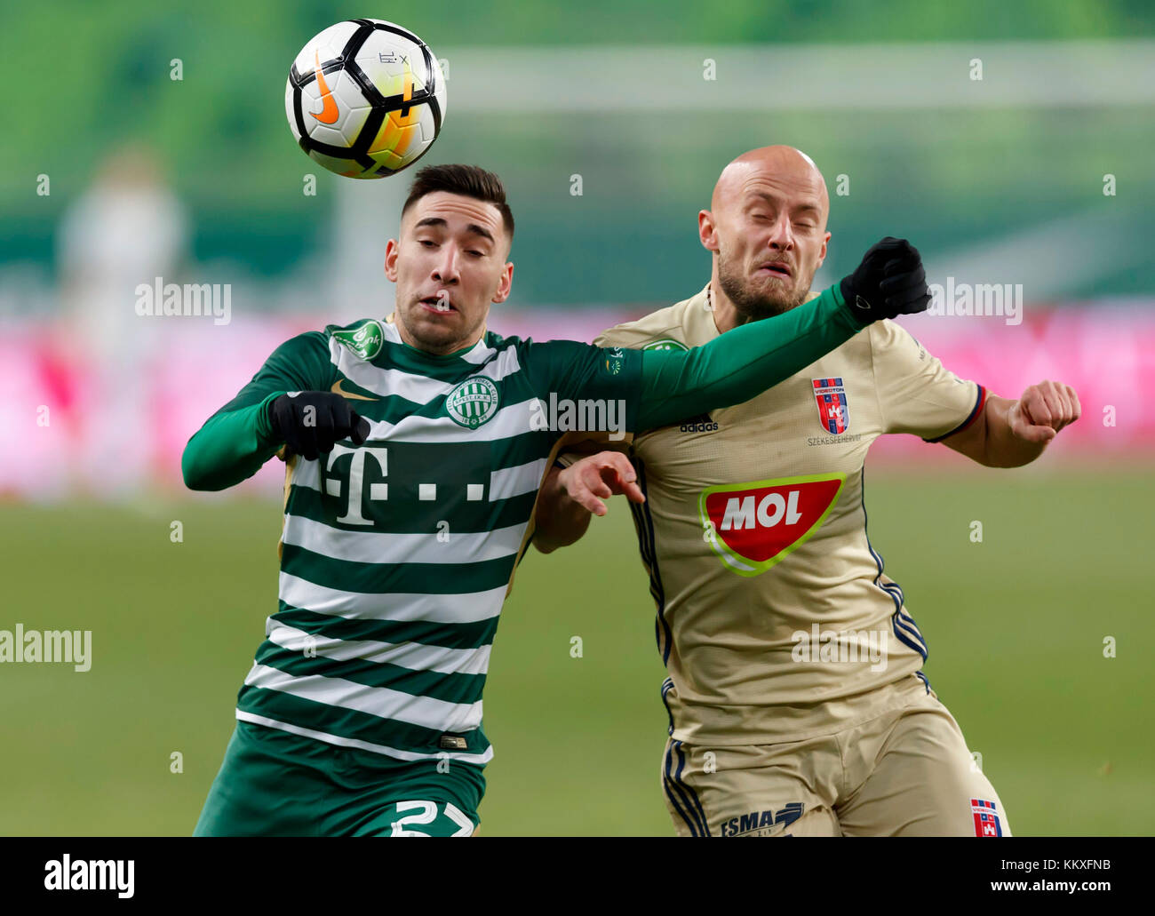 Budapest, Hungary. 2nd December, 2017. Fernando Gorriaran #27 of Ferencvarosi TC competes for the ball with Jozsef Varga (R) of Videoton FC during the Hungarian OTP Bank Liga match between Ferencvarosi TC and Videoton FC at Groupama Arena on December 2, 2017 in Budapest, Hungary. Credit: Laszlo Szirtesi/Alamy Live News Stock Photo