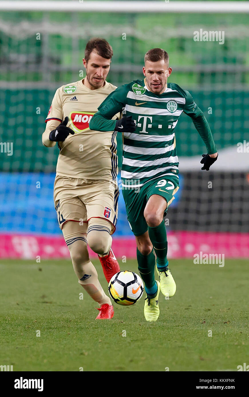 BUDAPEST, HUNGARY - MAY 12: (r-l) Leandro De Almeida 'Leo' of Ferencvarosi  TC celebrates the goal with Roland Varga of Ferencvarosi TC during the  Hungarian OTP Bank Liga match between Ferencvarosi TC