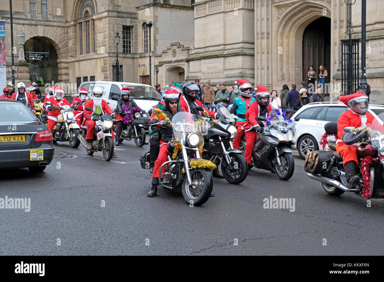 Bristol, UK. 2nd December, 2017. Motorcyclists dressed as Santa Claus ride through the city centre. The riders aimed to raise £10,000 for Children’s Hospice South West’s facility at Charlton Farm in Wraxall, Somerset, a few miles to the south of Bristol. Keith Ramsey/Alamy Live News Stock Photo