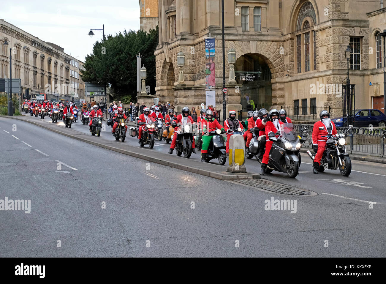 Bristol, UK. 2nd December, 2017. Motorcyclists dressed as Santa Claus ride through the city centre. The riders aimed to raise £10,000 for Children’s Hospice South West’s facility at Charlton Farm in Wraxall, Somerset, a few miles to the south of Bristol. Keith Ramsey/Alamy Live News Stock Photo