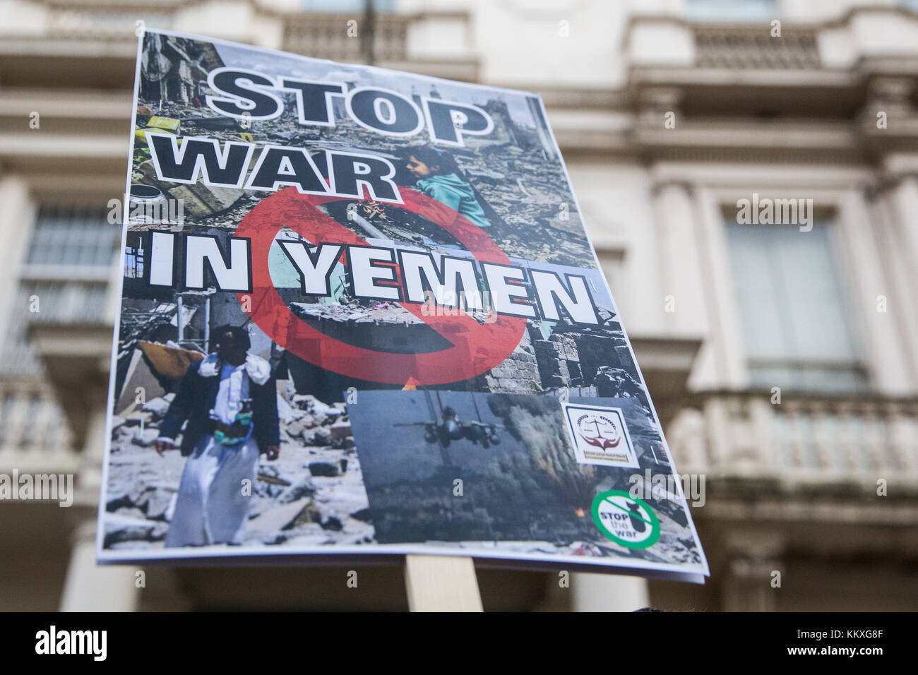 London, UK. 2nd December, 2017. A placard held by a demonstrator protesting outside the embassy of the United Arab Emirates against British arms sales to Saudi Arabia used in ongoing attacks by Saudi Arabia and its military partners in Yemen resulting in a humanitarian catastrophe. Credit: Mark Kerrison/Alamy Live News Stock Photo