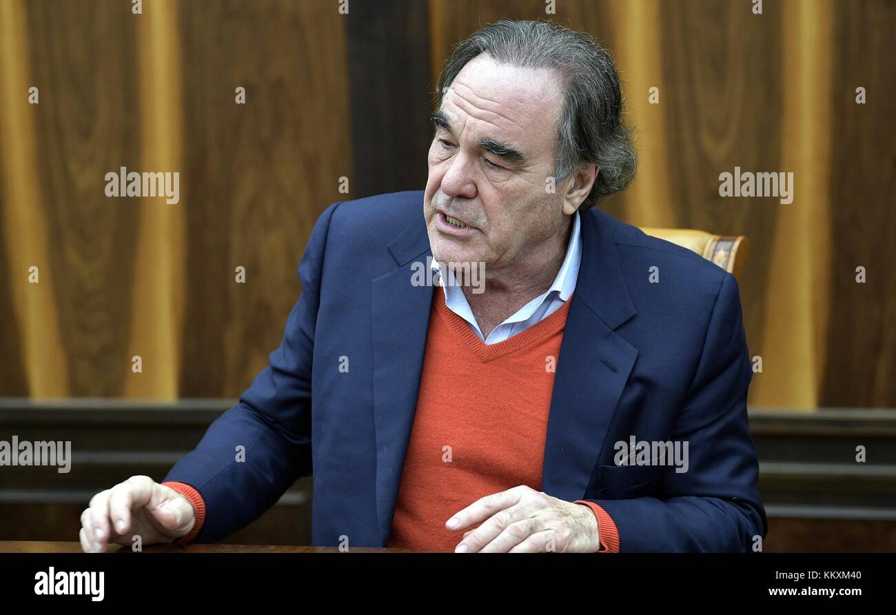 American journalist and director Oliver Stone during a meeting with Russian President Vladimir Putin at the Kremlin December 2, 2017 in Moscow, Russia. Stock Photo