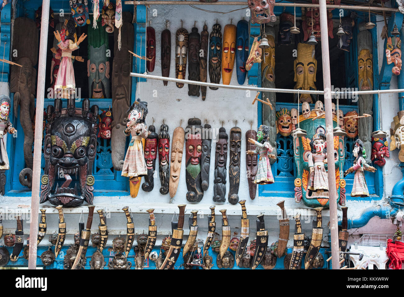 masks and kukri knives for sale, Kathmandu, Nepal Stock Photo
