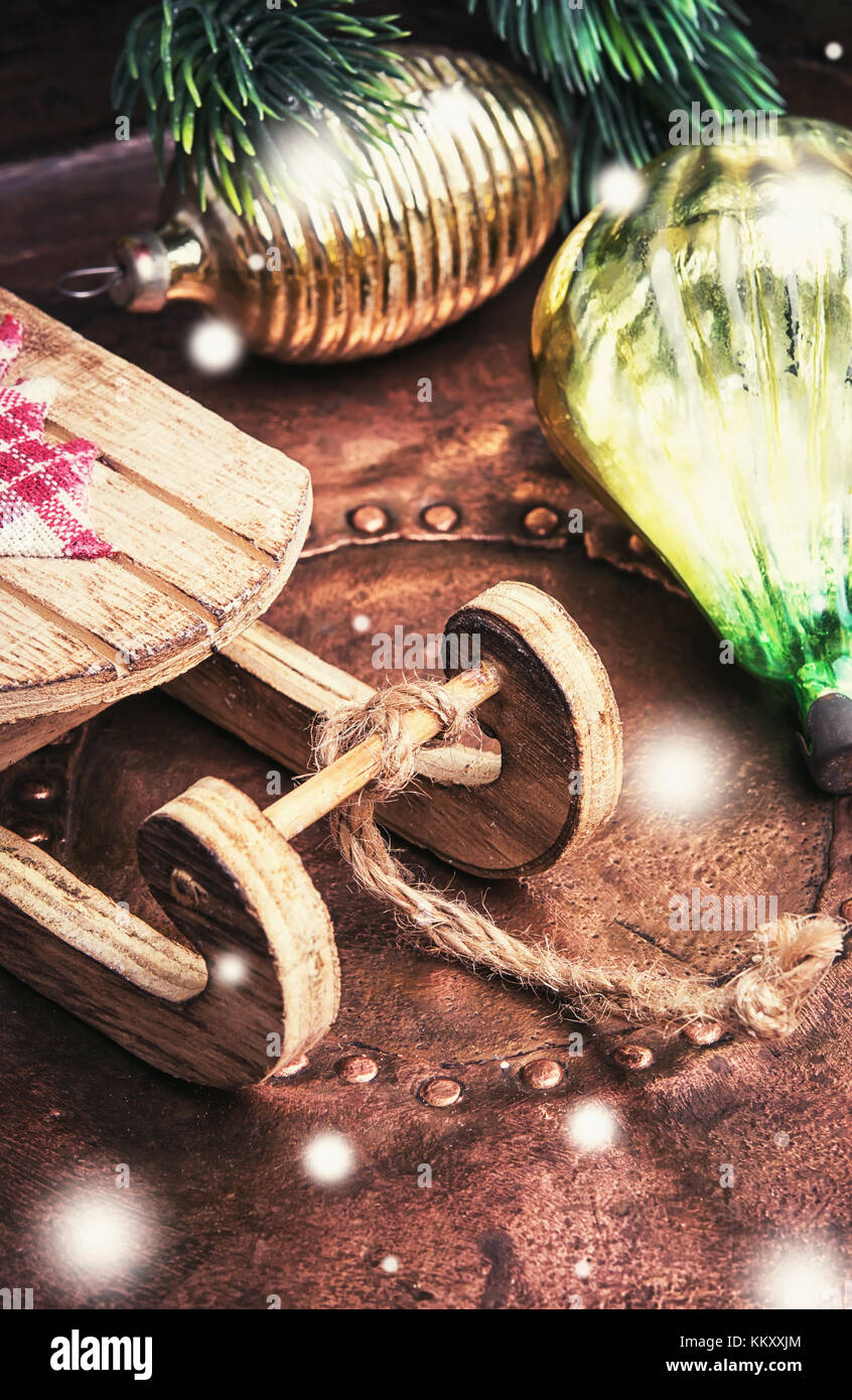 Christmas symbolic sledges and oldfashioned glass Christmas baubles