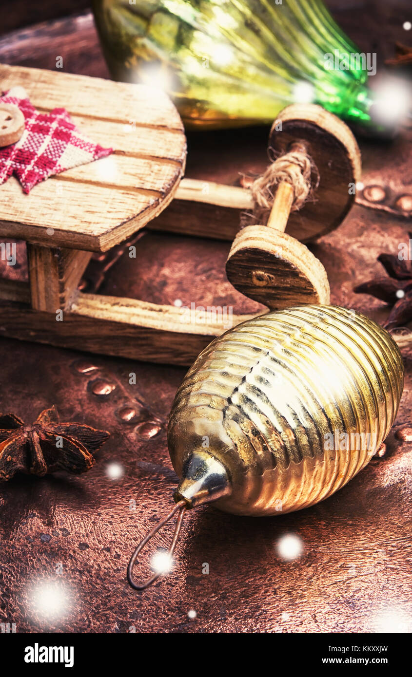 Christmas symbolic sledges and oldfashioned glass Christmas baubles
