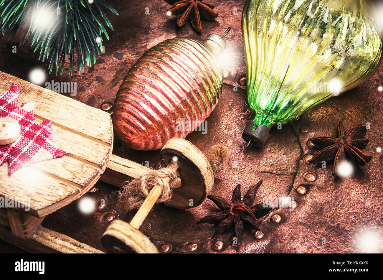 Christmas symbolic sledges and oldfashioned glass Christmas baubles