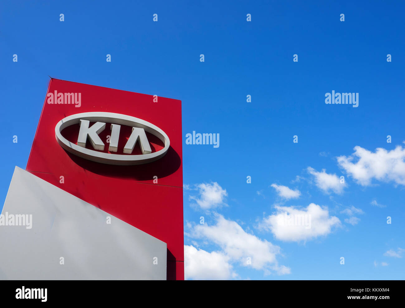 Rivne, Ukraine -  August 31, 2017: Kia automobile dealership Sign. Kia is a South Korean manufacturer of automobiles and commercial vehicles. Illustra Stock Photo