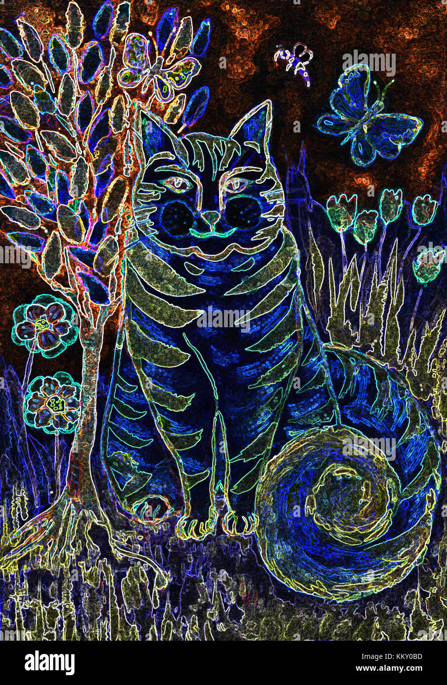Psychedelic striped blue cat with tree of life. The dabbing technique gives a soft focus effect due to the altered surface roughness of the paper. Stock Photo