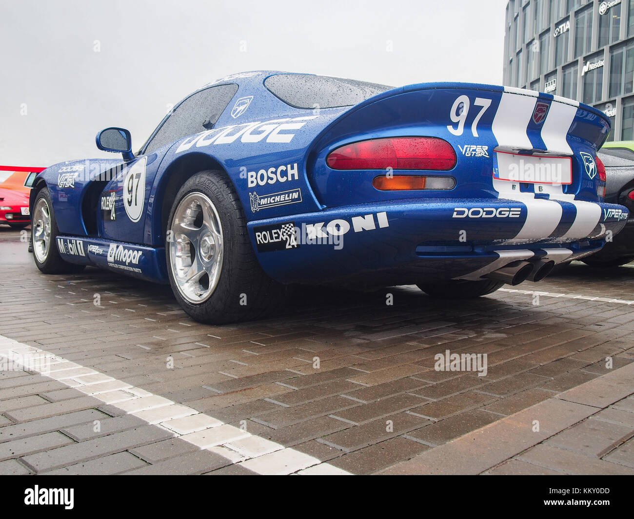 Blue 1998 Dodge (Chrysler) Viper GTS-R GT2 Championship Edition in the rain. This model is one of the most popular cars for Viper fans. Stock Photo