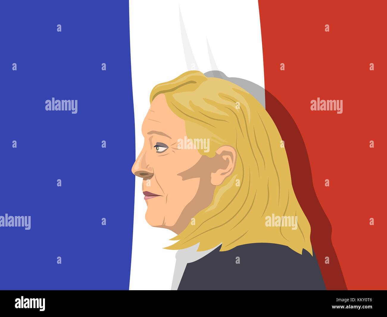 Novenber 1, 2017 Editorial illustration of a French politician Marine Le Pen portrait on white