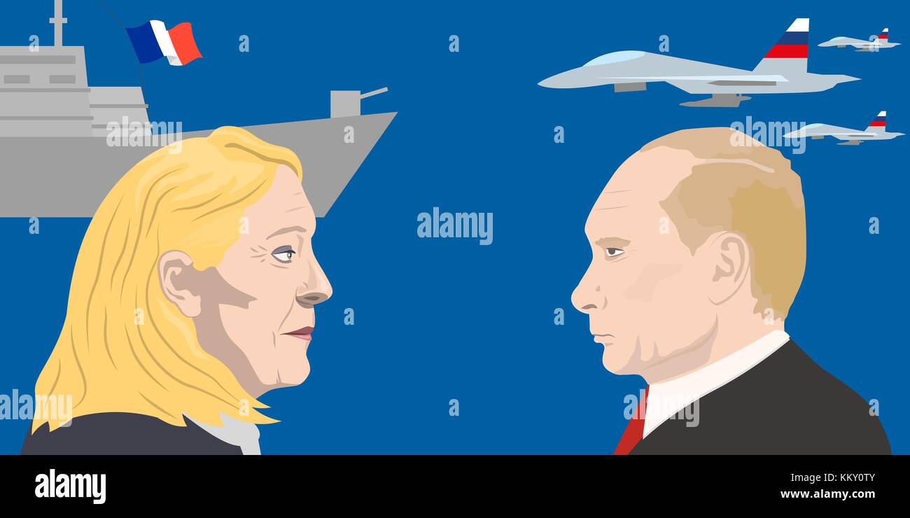 Novenber 1, 2017 Editorial illustration of a French politician Marine Le Pen and the President of Russia Federation Vladimir Putin portraits on milita Stock Vector
