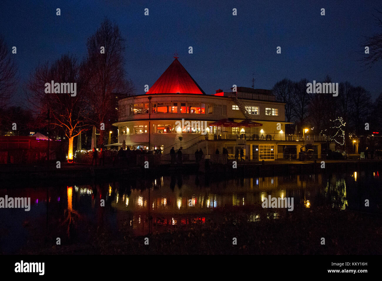 Illuminated Wasserbahnhof building in Mülheim an der Ruhr, Germany ...
