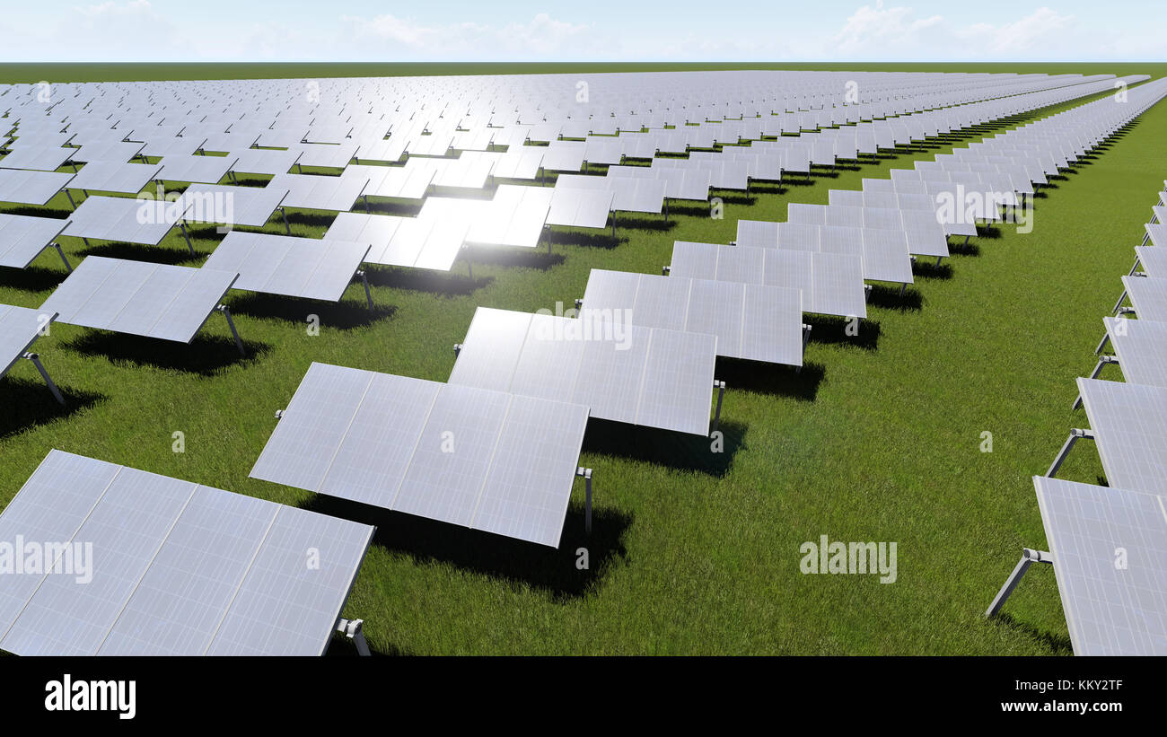 Solar panels with wind generator on clear sky 3D render Stock Photo