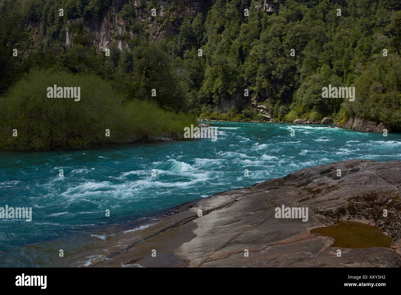 River Futaleufu in the Aysén Region of southern Chile. The river is renowned as one of the premier locations in the world for white water rafting. Stock Photo