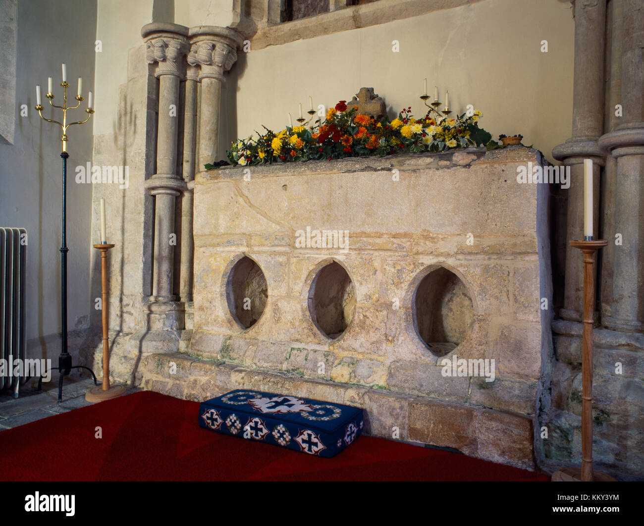 Early C13th shrine containing the relics of St Candida (St Wite) in N transept of St Candida & Holy Cross Church, Whitchurch Canonicorum, Dorset, UK. Stock Photo