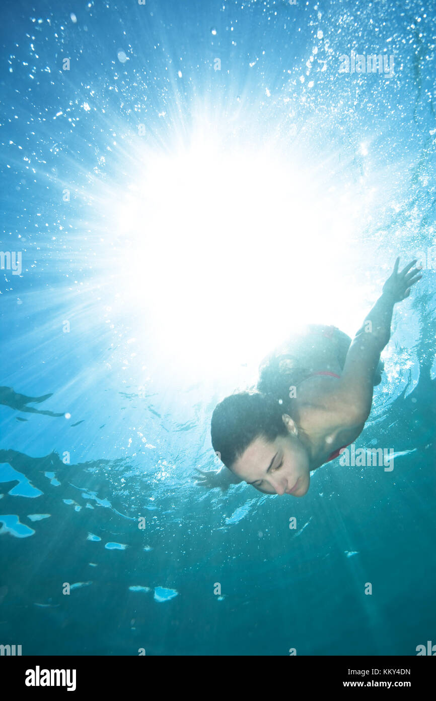 Mauritius - Africa - Underwater shot of diving woman Stock Photo