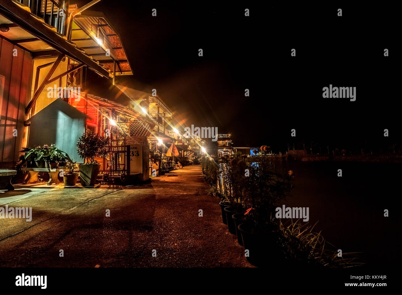 scenery view. beautiful waterfront village in night scene have light