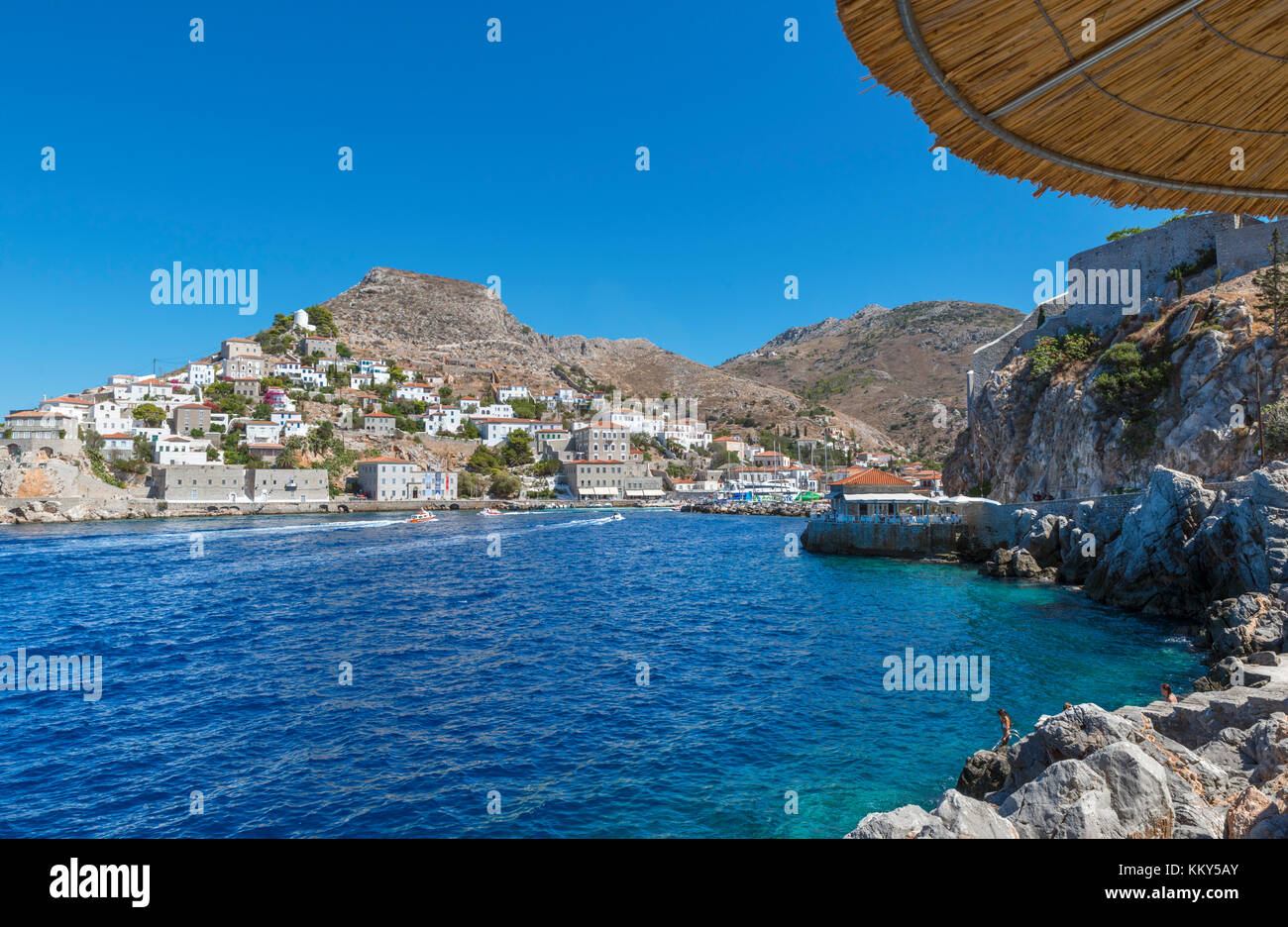 North coast looking towards Hydra Town, Hydra, Saronic Islands, Greece Stock Photo