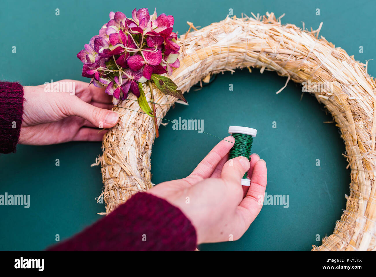 Woman, detail, hands, autumn, wreath with hydrangea blossoms, DIY, Stock Photo