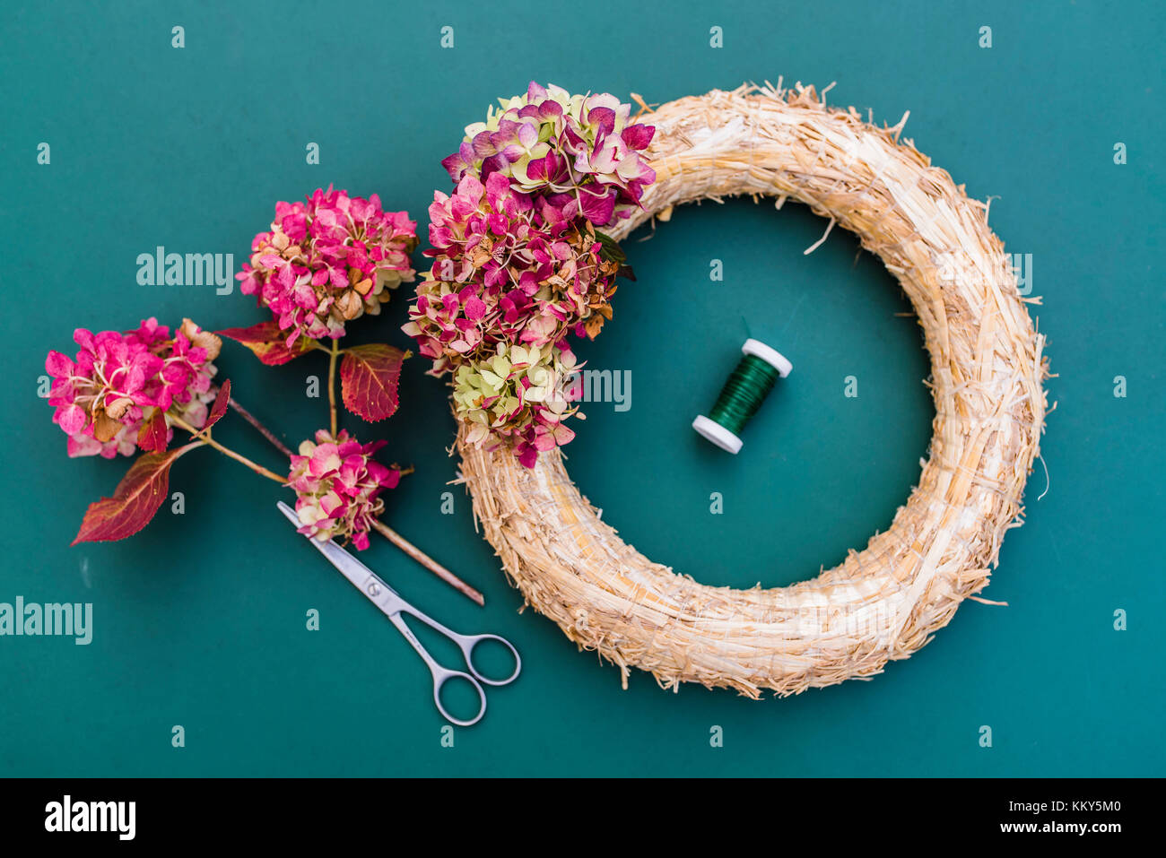 Still life, autumn, wreath with hydrangea blossoms, DIY, Stock Photo
