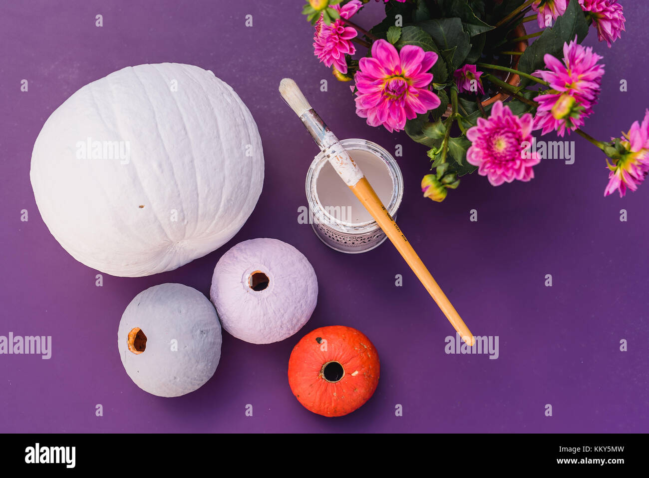 Still life, pumpkins, chalk colour, brush, flowers, Stock Photo