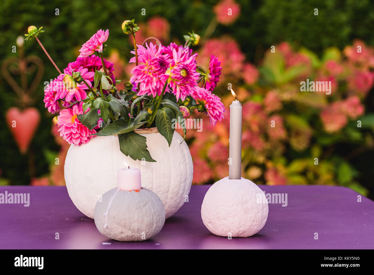 Table decoration, pumpkins, vase, flowers, candles, Stock Photo