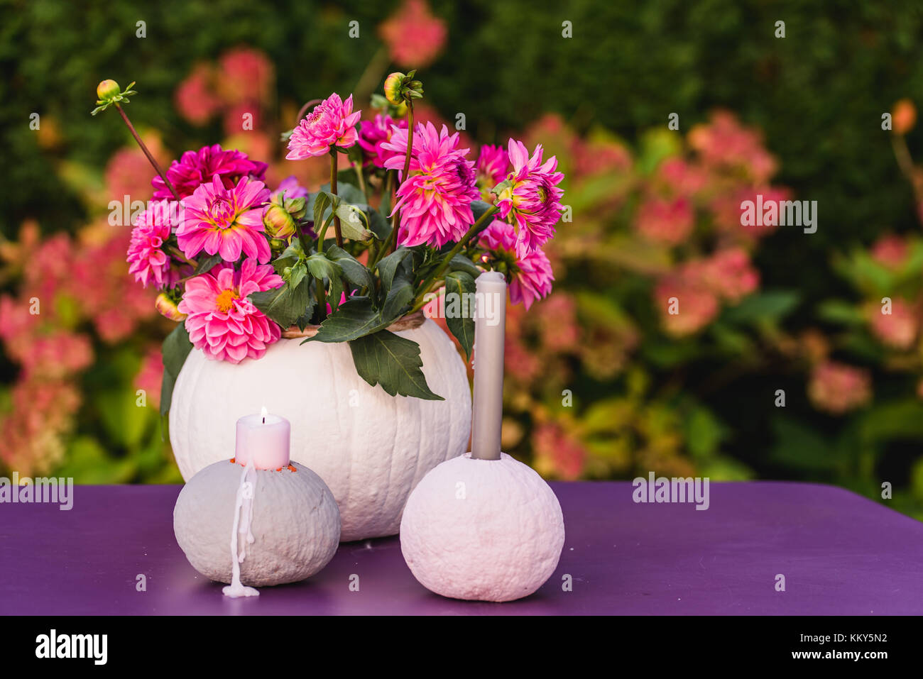 Table decoration, pumpkins, vase, flowers, candles, Stock Photo