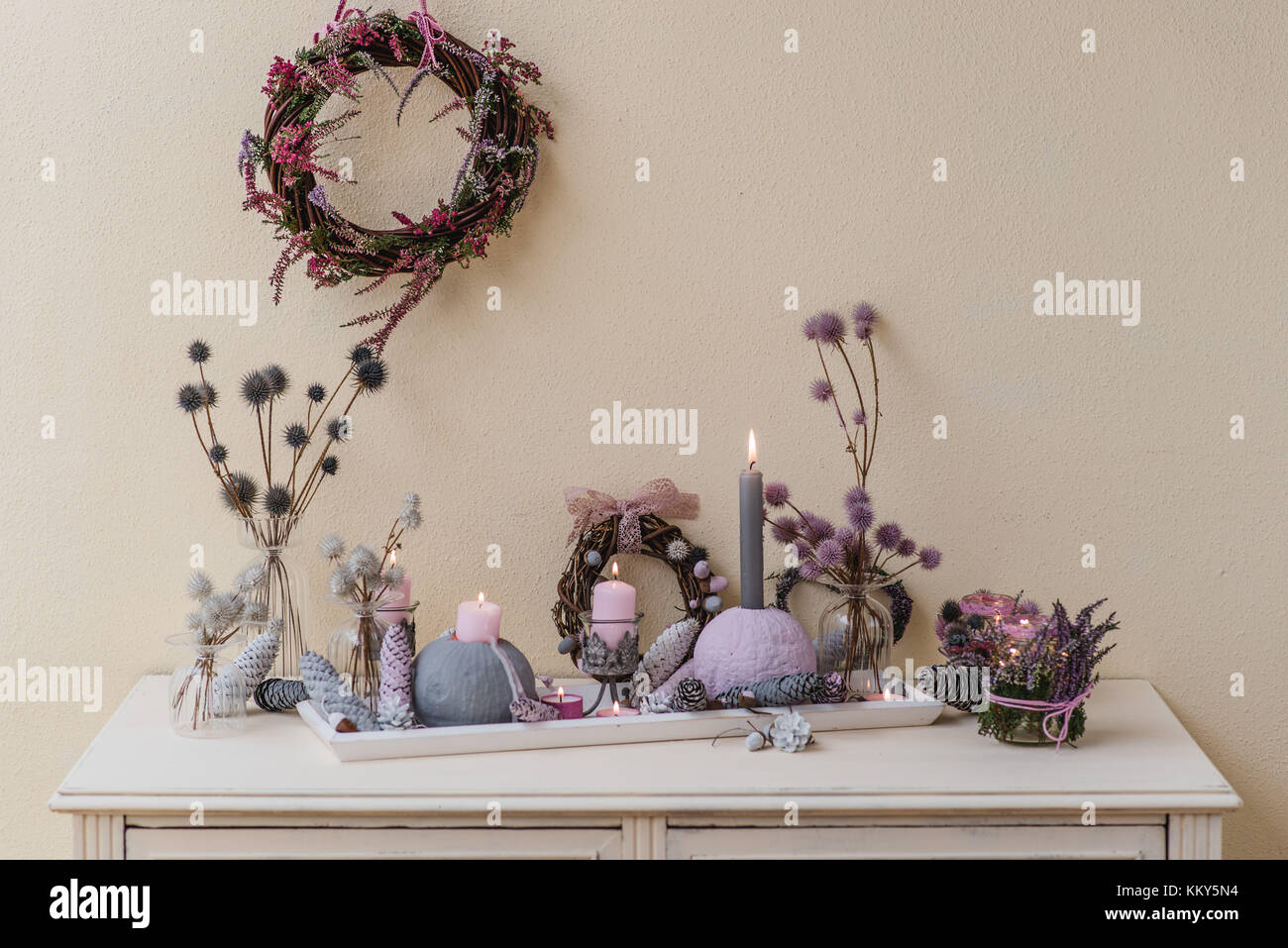 Sideboard, autumnal decoration, natural materials, pastel colours, Stock Photo