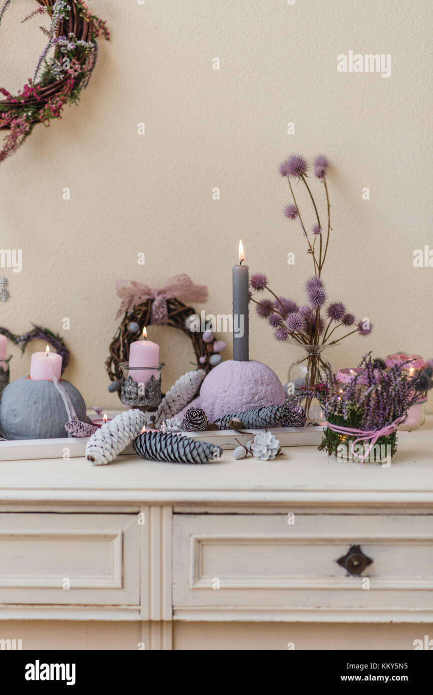 Sideboard, autumnal decoration, natural materials, pastel colours, Stock Photo