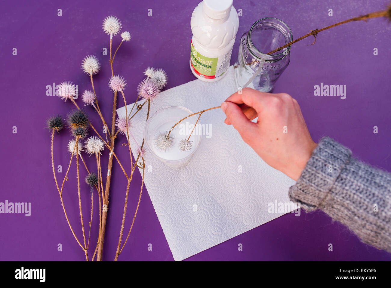 Woman, detail, hand, DIY, thistles, chalk colour, utensils, Stock Photo