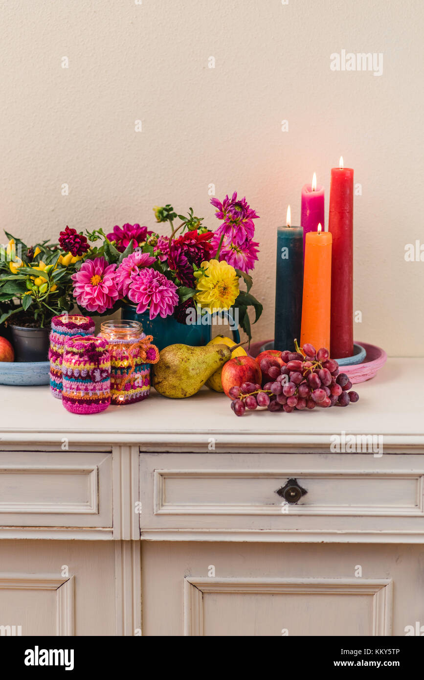 Chest of drawers, autumnal decoration, brightly, Stock Photo