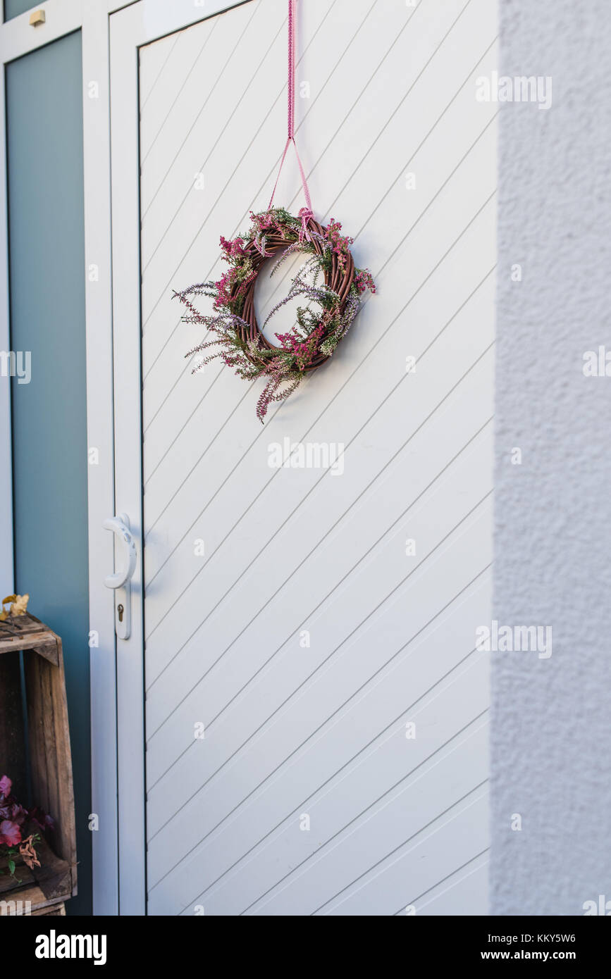 Front Door Detail Autumnal Decoration Willow Wreath Heather