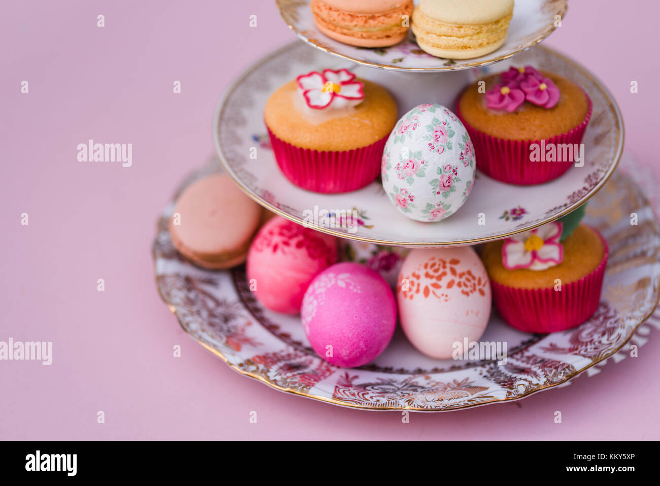 Etagere, muffin, Macarons, Easter eggs, detail, bird's-eye view, Stock Photo