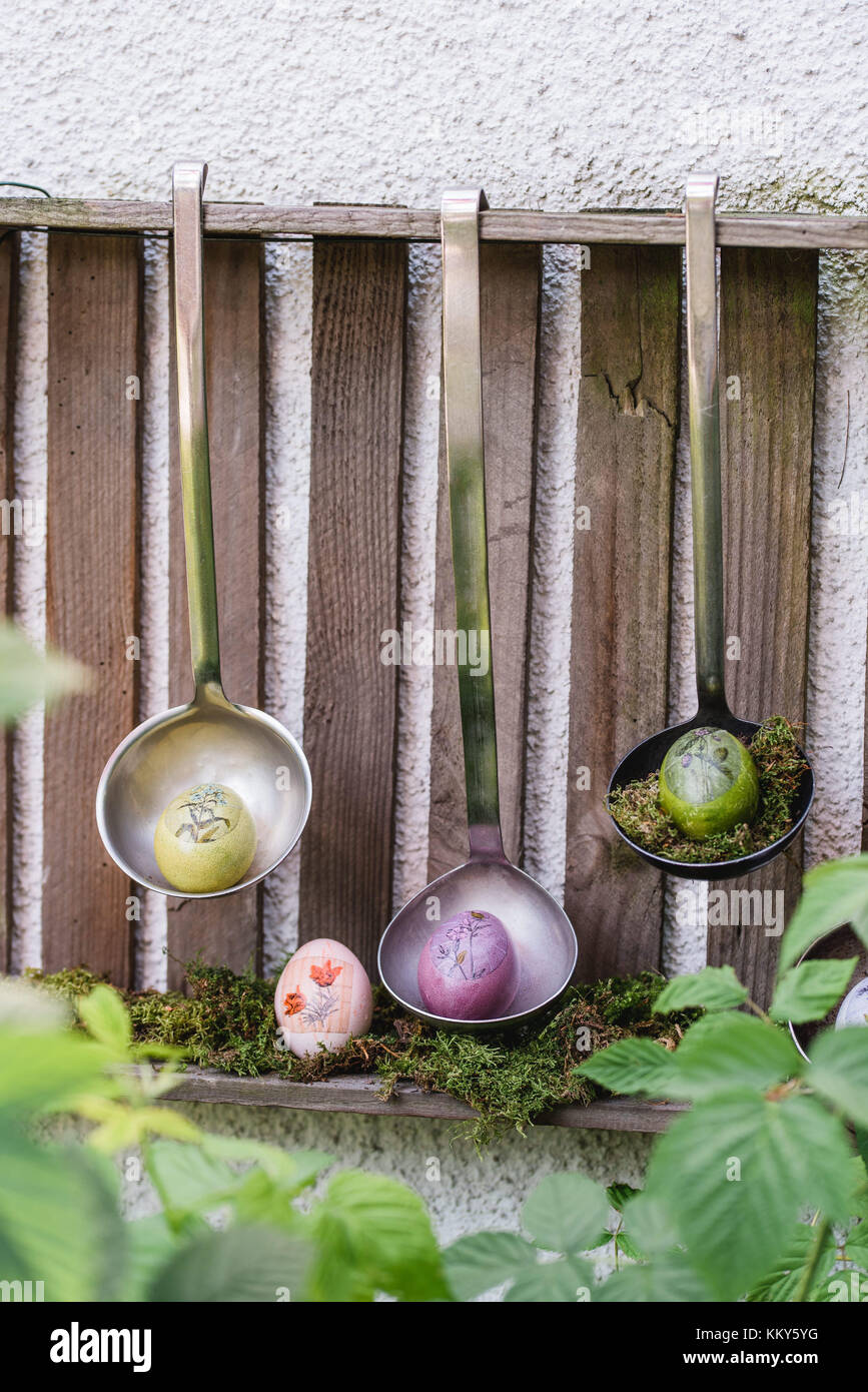 Garden, decoration, soup ladles, Easter eggs, Stock Photo