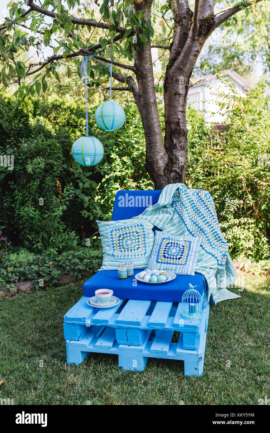 Garden Sofa Made Of Pallets Easter Decoration Stock Photo