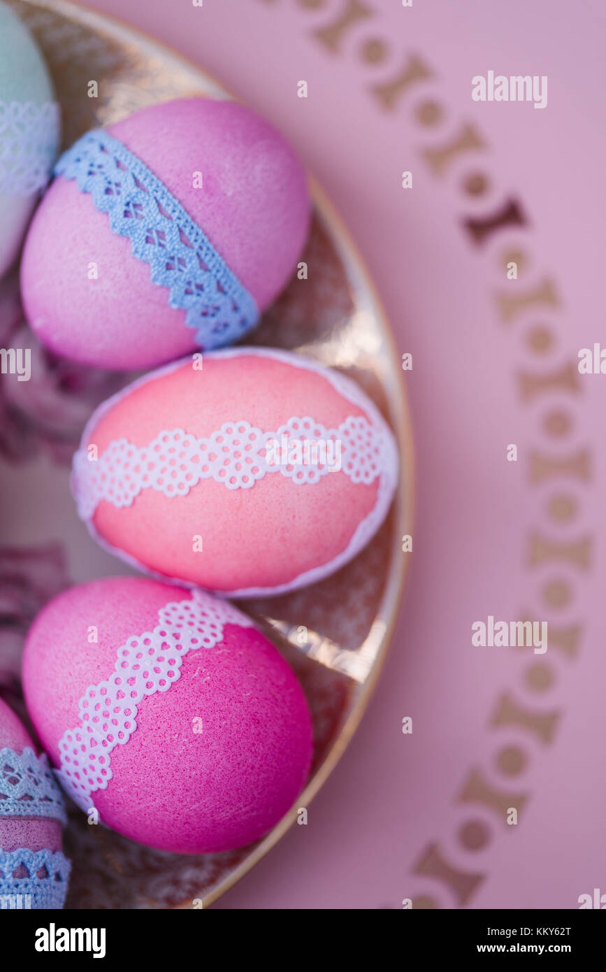 Easter decoration, plate, eggs, lace, bird's-eye view, detail, Stock Photo