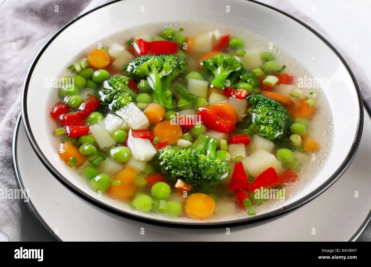 Vegetables soup with broccoli, green peas, carrots. Healthy food concept Stock Photo Alamy
