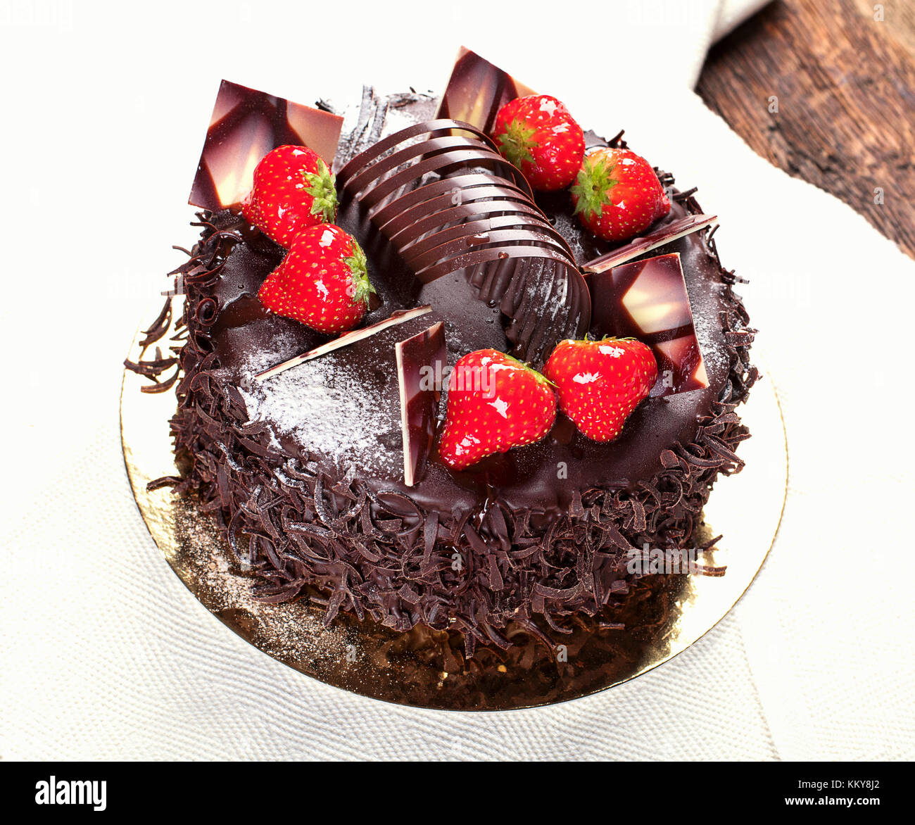 Chocolate cake with strawberries. Top view Stock Photo - Alamy