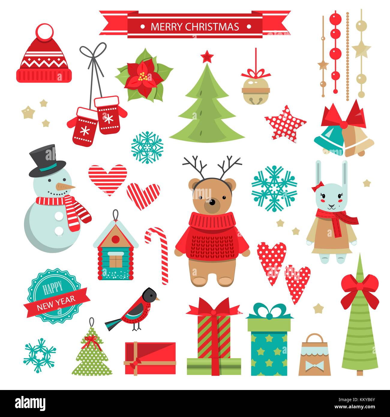 Set of christmas flat design objects . Vector color illustration . Stock Vector