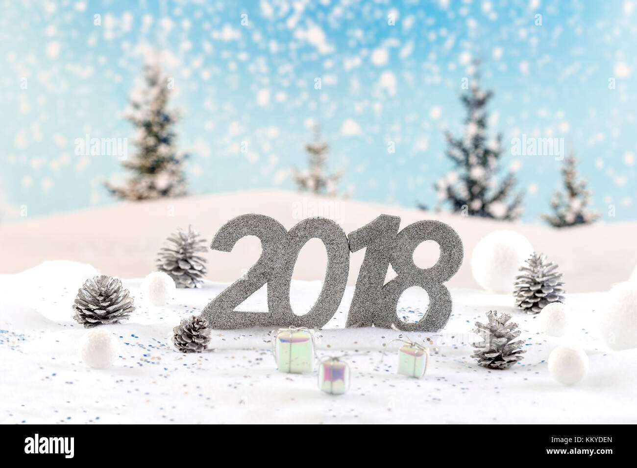 2018 card pt bnner on a snow lasndscape background Stock Photo