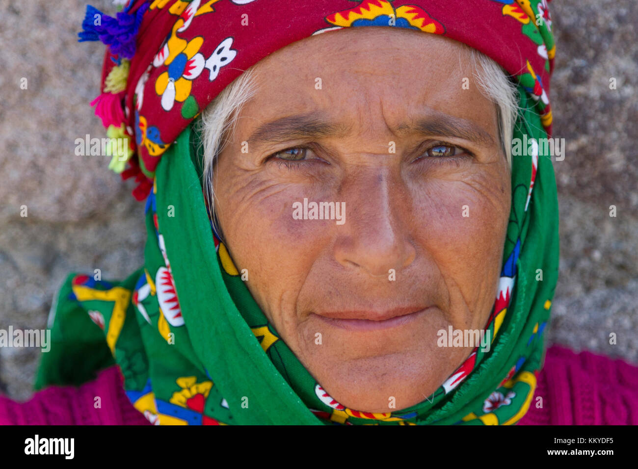 Northern Aegean woman in traditional head dress, in Canakkale, Turkey. Stock Photo