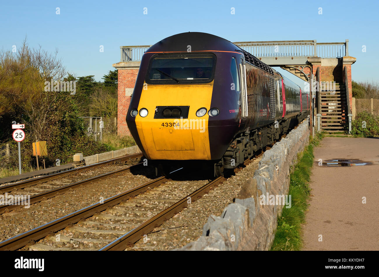 A Cross Country high speed train along the seafront at Dawlish Warren, South Devon. Stock Photo