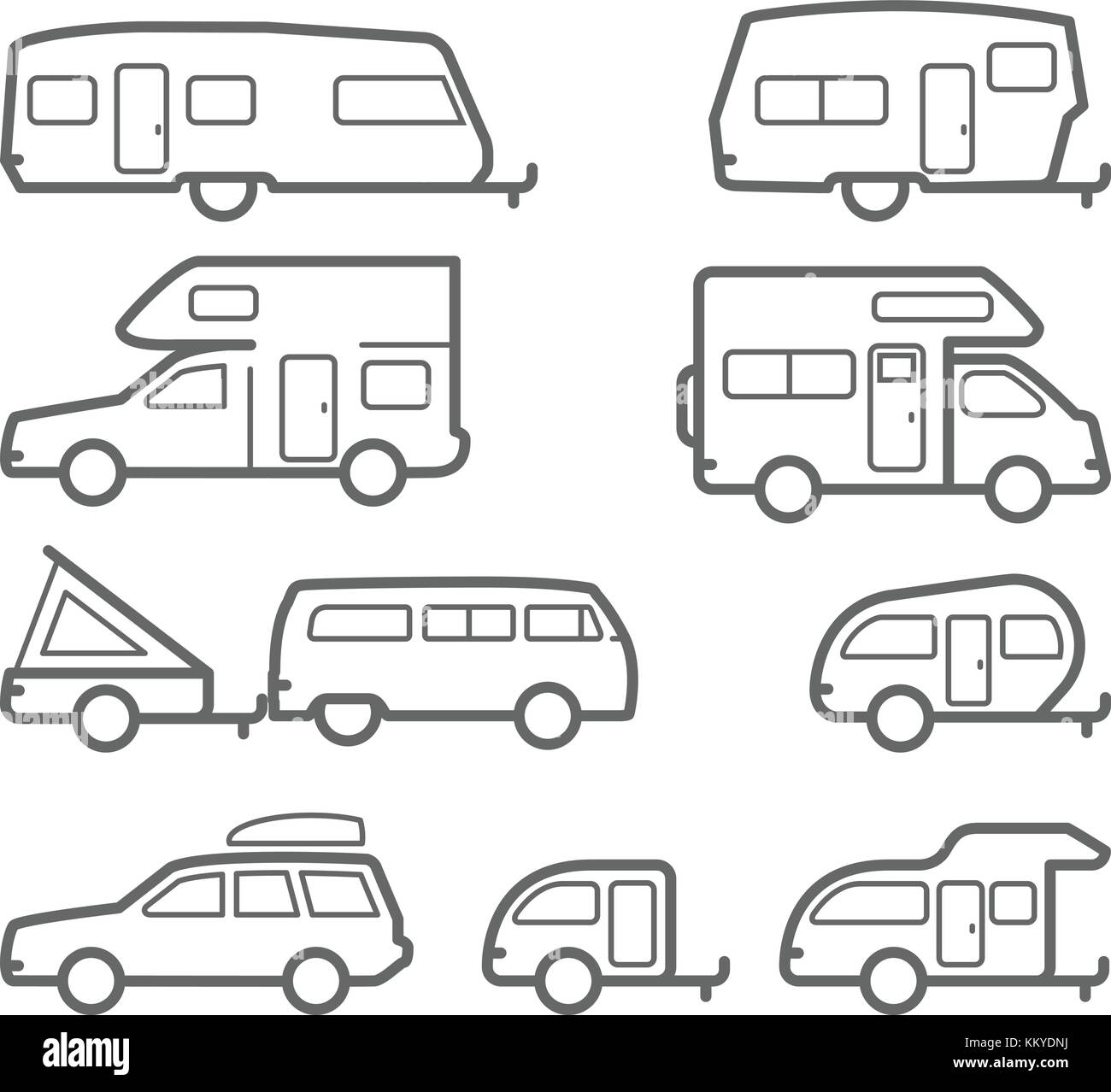 Caravans and camper trailers - road trip icons Stock Vector