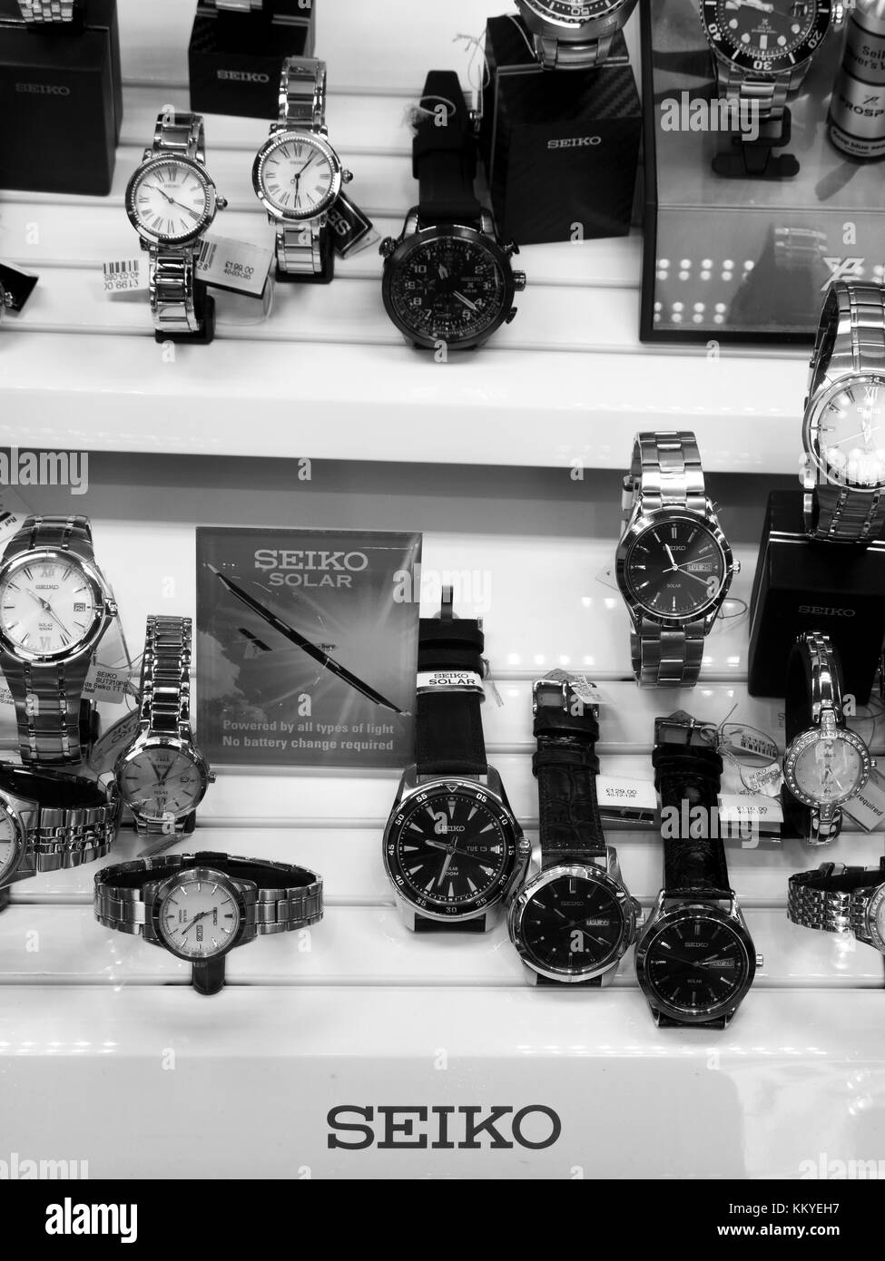 Seiko watch display in jewellers shop window, company founded in 1881 ...