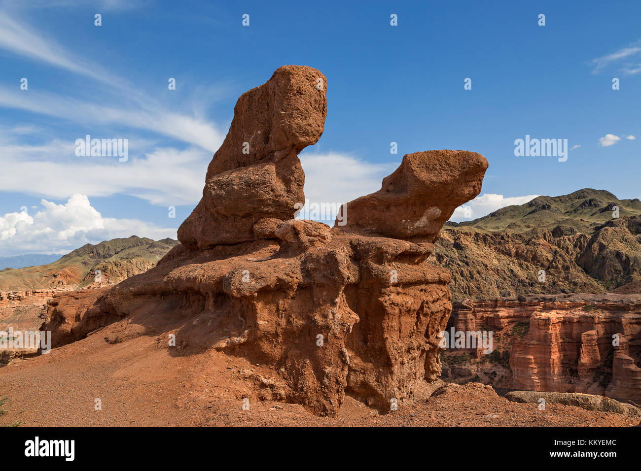 View over the rock formations in Charyn Canyon in Kazakhstan. Stock Photo