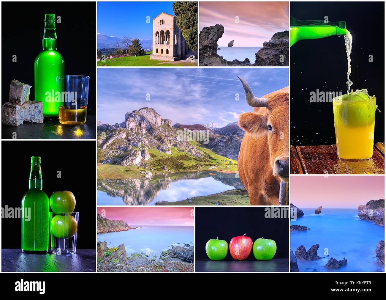 Collage of tourist photos of Asturias, Spain. Stock Photo