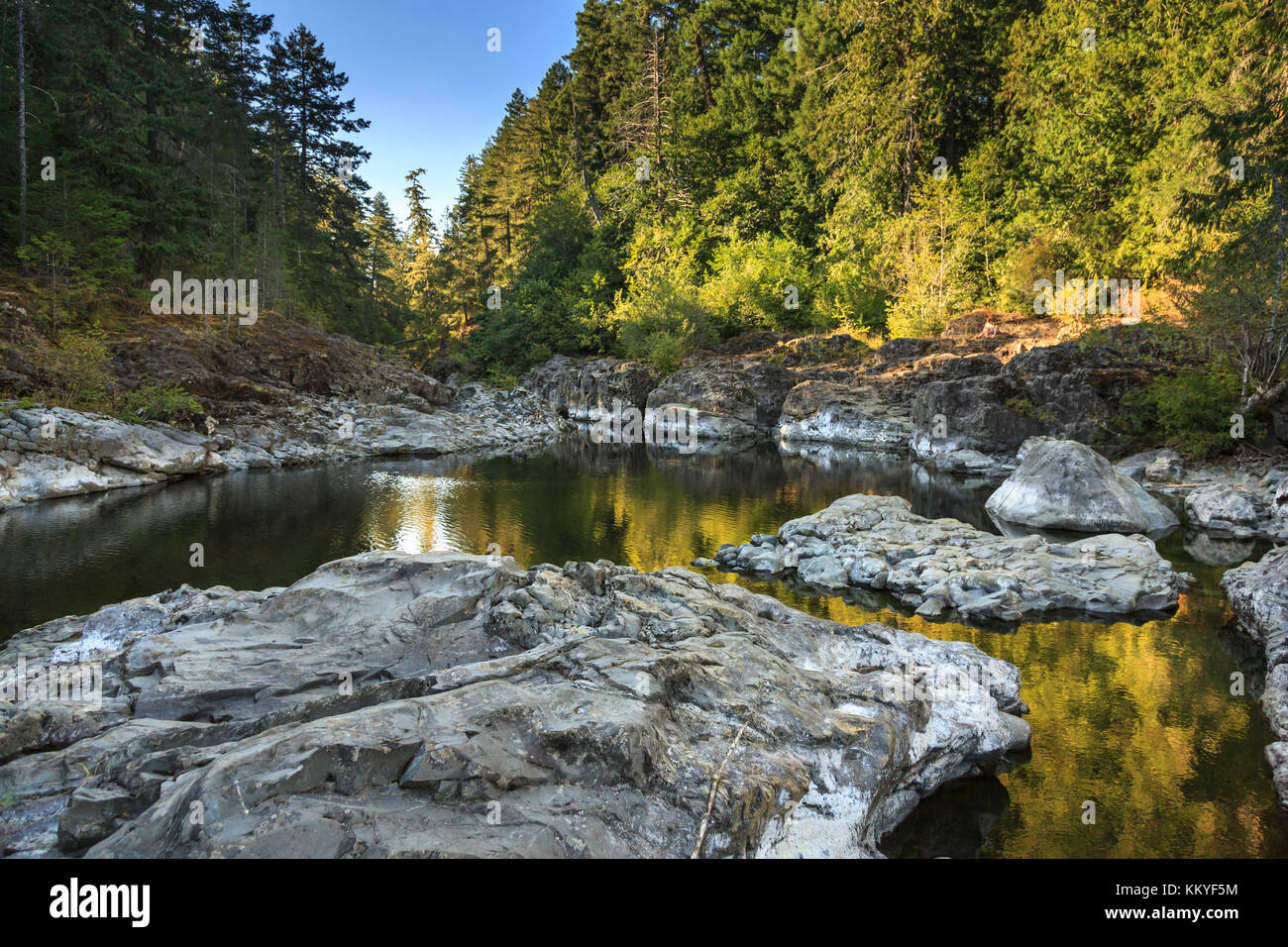 Site on Galluping Goose Trail, Sooke River, Sooke Potholes Provincial Park, near Sooke, Vancouver Island, British Columbia, Canada Stock Photo