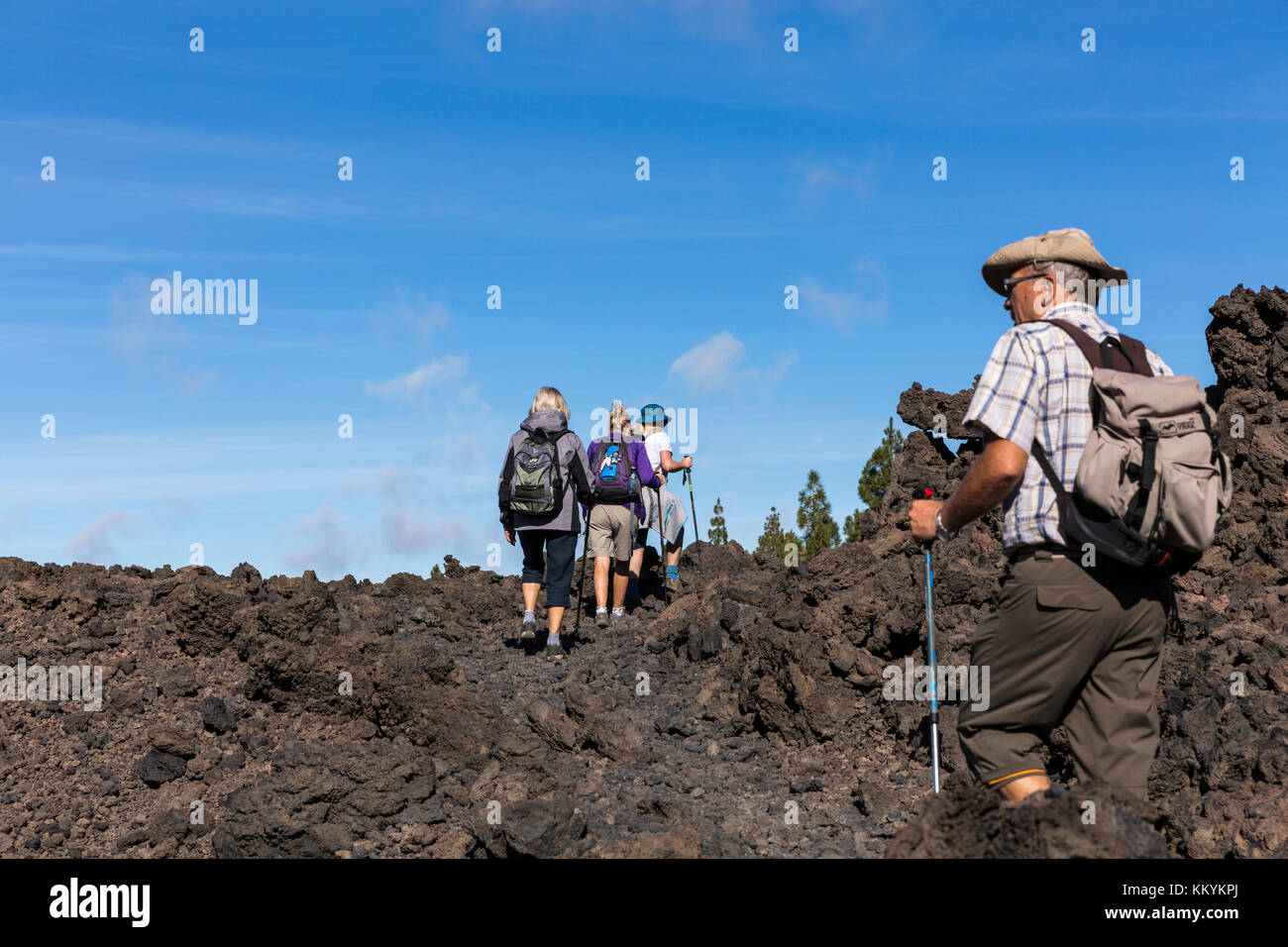 Walking in the volcanic landscape of Montana Samara and Cuevas Negras in the national park, Las Canadas del Teide, Tenerife, Canary Islands Stock Photo