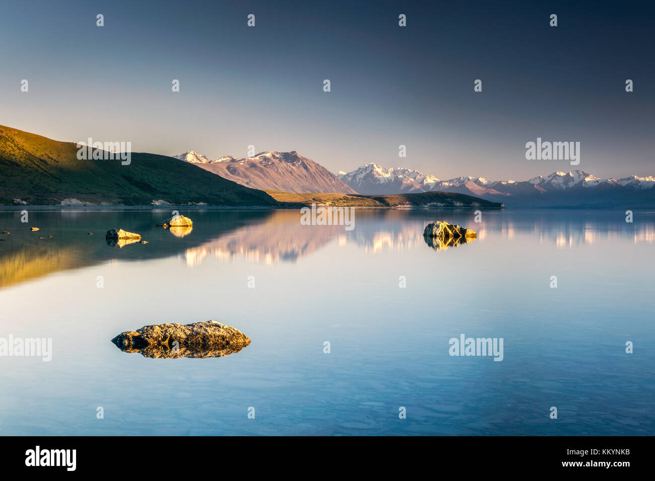 A calm misty morning at Lake Tekapo, Canterbury County, New Zealand. Stock Photo