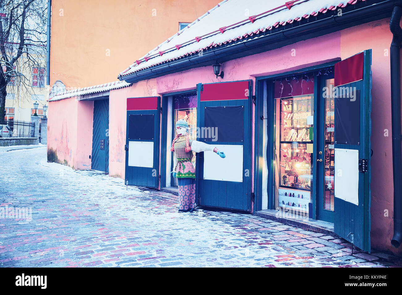 Shop at Ancient Street in the Old city of Tallinn, Estonia in winter